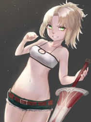 Rule 34 | 1girl, aito, bare shoulders, blonde hair, breasts, clarent (fate), cleavage, commentary request, fate/grand order, fate (series), green eyes, highres, looking at viewer, mordred (fate), mordred (fate/apocrypha), mordred (memories at trifas) (fate), navel, open mouth, ponytail, short hair, shorts, simple background, smile, solo, sword, weapon
