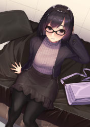 Rule 34 | 1girl, arm behind head, arm support, bag, bed, black-framed eyewear, black hair, black jacket, black pantyhose, blazer, blush, breasts, brown eyes, brown skirt, frilled skirt, frills, from above, glasses, hairband, handbag, highres, jacket, kagematsuri, long sleeves, looking at viewer, looking up, medium breasts, miniskirt, on bed, open clothes, open jacket, original, pantyhose, parted lips, pillow, ribbed sweater, sitting, skirt, smile, solo, sweater, twitter username, wing collar