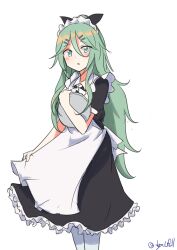 Rule 34 | 1girl, absurdres, alternate costume, apron, black dress, black ribbon, dress, enmaided, feet out of frame, green eyes, green hair, hair between eyes, hair ornament, hairclip, highres, kantai collection, long hair, looking at viewer, maid, maid headdress, one-hour drawing challenge, parted bangs, ribbon, robinson (day l full), sidelocks, simple background, solo, tray, white apron, white background, yamakaze (kancolle)