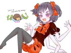 Rule 34 | 1girl, androgynous, arthropod girl, bad id, bad twitter id, black hair, blush, bow, brown hair, chibi, closed eyes, english text, extra arms, extra eyes, fangs, frisk (undertale), grey thighhighs, hair bow, insect girl, jpeg artifacts, meme, misha (hoongju), money, muffet, no nose, open mouth, puffy sleeves, ribbon, shirt, short sleeves, simple background, smile, spider girl, text focus, thighhighs, twintails, two side up, undertale, white background, zettai ryouiki