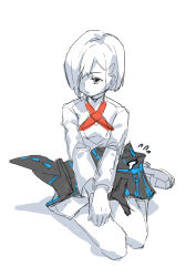 Rule 34 | 1girl, absurdres, asymmetrical hair, averting eyes, bob cut, closed mouth, creature, creature on lap, darling in the franxx, dress, expressionless, flying sweatdrops, hair over one eye, highres, holding, holding creature, ichigo (darling in the franxx), kross (kira89757), kyoryuu, loafers, long sleeves, looking to the side, military uniform, on ground, own hands together, partially colored, shadow, shoes, short hair, sitting, sketch, solo, tearing up, uniform, v arms, yokozuwari