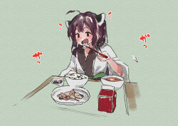 Rule 34 | 1girl, ahoge, blush, bowl, brown eyes, brown hair, chopsticks, commentary request, food, food request, green background, headgear, holding, holding chopsticks, japanese clothes, kimono, lamb (hitsujiniku), long sleeves, plate, simple background, solo, touhoku kiritan, translation request, upper body, voiceroid, white kimono, wide sleeves