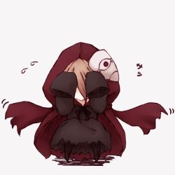 Rule 34 | 1girl, blonde hair, cape, covering face, evileye (overlord), hair between eyes, hood, itituki, long sleeves, lowres, mask, overlord (maruyama), simple background, sleeves past wrists, solo, translation request