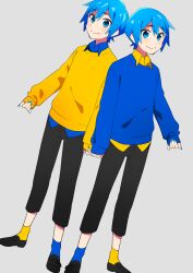 Rule 34 | 2boys, :&gt;, absurdres, black footwear, black pants, blue eyes, blue hair, blue nails, blue shirt, blue socks, blue sweater, blush, collared shirt, commentary request, full body, grey background, hair between eyes, highres, holding hands, kaito (vocaloid), looking at viewer, male focus, mismatched socks, multiple boys, pants, shio ice, shirt, shoes, short hair, simple background, socks, sweater, vocaloid, yellow shirt, yellow socks, yellow sweater