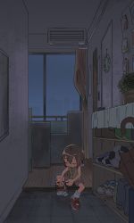 Rule 34 | 1girl, absurdres, ball, boots, brown hair, city, closed eyes, couch, digimon, digimon adventure, green footwear, highres, indoors, pink shorts, red footwear, short hair, shorts, sitting, soccer ball, socks, solo, tantanmen, white socks, window, yagami hikari