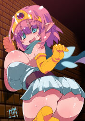 Rule 34 | 1girl, ass, blue cape, blue eyes, blunt bangs, blush, boots, breast press, breasts, brick wall, cape, circlet, commentary request, curvy, dragon quest, dragon quest x, dress, elbow gloves, elf (dq10), gloves, highres, large breasts, looking at viewer, medium hair, pink hair, plump, pointy ears, sideboob, sidelocks, smile, solo, twisted torso, white dress, yellow footwear, yellow gloves, zankuro