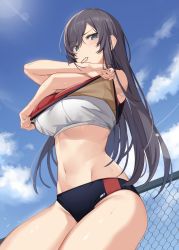 Rule 34 | 1girl, bare arms, bare shoulders, black buruma, black hair, blue eyes, breasts, buruma, chain-link fence, cloud, cowboy shot, day, fence, groin, hair tie in mouth, highres, icomochi, large breasts, long hair, looking at viewer, midriff, mouth hold, navel, original, outdoors, raised eyebrow, red shirt, shirt, sleeveless, sleeveless shirt, solo, sports bra, stomach, sunlight, sweat, thighs, undressing