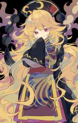 Rule 34 | 1girl, black dress, blonde hair, chinese clothes, corrupted twitter file, crescent, dress, grin, hat, highres, junko (touhou), long hair, long sleeves, looking at viewer, nikorashi-ka, red eyes, sash, sleeves past fingers, sleeves past wrists, smile, solo, tabard, touhou, very long hair, wide sleeves