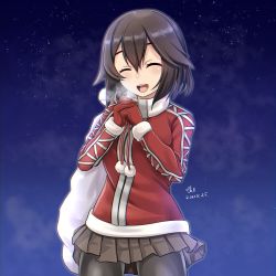 Rule 34 | 1girl, artist name, black hair, black pantyhose, black skirt, christmas, cowboy shot, dated, closed eyes, gloves, hair between eyes, hayasui (kancolle), highres, holding, holding sack, kantai collection, long sleeves, open mouth, pantyhose, pleated skirt, pom pom (clothes), red gloves, round teeth, sack, santa costume, short hair, signature, skirt, smile, solo, teeth, tk8d32, upper teeth only