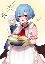 Rule 34 | 2girls, :d, alternate hairstyle, apron, arrow (symbol), ascot, bandaid, bandaid on face, bandaid on nose, blue dress, blue hair, blush, braid, brooch, closed mouth, cowboy shot, dress, eyebrows hidden by hair, fangs, highres, izayoi sakuya, jewelry, looking at viewer, maid headdress, majime joe, multiple girls, no headwear, no headwear, open mouth, oven mitts, pink background, puffy short sleeves, puffy sleeves, red ascot, red eyes, remilia scarlet, short hair, short sleeves, silver hair, simple background, slit pupils, smile, touhou, twin braids, waist apron, white apron