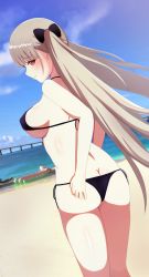 Rule 34 | 1girl, absurdres, ass, azur lane, beach, bikini, black bikini, blonde hair, blush, bow, breasts, butt crack, cloud, embarrassed, formidable (azur lane), from behind, hair bow, highres, inflatable toy, large breasts, long hair, looking at viewer, looking back, ocean, oreon z, red eyes, sand, side-tie bikini bottom, sky, solo, standing, swimsuit, twintails, water