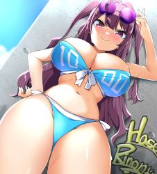 Rule 34 | 1girl, against wall, bebebe (pepegakii), blush, breasts, character name, cleavage, cloud, graffiti, hand on own hip, hase rinon, highres, large breasts, purple hair, red eyes, tama project, thick thighs, thighs, twintails, virtual youtuber, wall