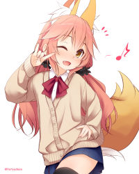 Rule 34 | 1girl, ;d, absurdres, aged down, animal ear fluff, animal ears, black scrunchie, black thighhighs, blue skirt, brown eyes, commentary request, cowboy shot, fate/extra, fate (series), fox ears, fox girl, fox tail, hair between eyes, hair ornament, hair scrunchie, hand on own hip, haryuu (poetto), highres, jacket, light blush, long hair, long sleeves, looking at viewer, low twintails, musical note, one eye closed, open mouth, pink hair, scrunchie, seikan hikou, simple background, skirt, smile, solo, tail, tamamo (fate), tamamo no mae (fate/extra), thighhighs, twintails, twitter username, white background