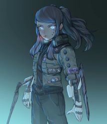 Rule 34 | 1girl, arm blade, cigarette, commentary, crossover, cyberpunk, cyberpunk (series), cyberpunk 2077, cyborg, english commentary, flat chest, glowing, highres, ichiyon, jacket, jill stingray, long hair, mechanical arms, pants, smoking, solo, twintails, v (cyberpunk), va-11 hall-a, weapon