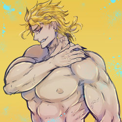 Rule 34 | 1boy, bad id, bad pixiv id, black nails, blonde hair, claws, dio brando, earrings, fang, giga omega, jewelry, jojo no kimyou na bouken, male focus, muscular, muscular male, nail polish, puffy chest, red eyes, scar, scar on neck, solo, stardust crusaders, topless male
