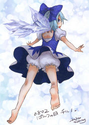 Rule 34 | 1girl, bare back, barefoot, bloomers, blue eyes, blue hair, bow, cirno, dress, feet, flying, from behind, hair bow, ice, ice wings, looking back, matching hair/eyes, open mouth, outstretched arms, sakurai haruto, short hair, signature, solo, spread arms, touhou, underwear, upskirt, wings