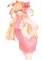 Rule 34 | 1girl, aged up, alternate costume, blonde hair, blush, breasts, chaos marie (grimms notes), grimms notes, highres, long hair, medium breasts, meme attire, nagyo 9674, pink eyes, pink sweater, sideboob, simple background, smile, solo, sweater, virgin killer sweater, white background