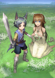 Rule 34 | 1boy, 1girl, :d, animal ears, armor, armored boots, bad id, bad pixiv id, bare shoulders, barefoot, black hair, blue eyes, blue sky, boots, breasts, brown eyes, brown hair, cleavage, day, dress, field, gloves, grass, greaves, green dress, head wreath, holding, holding sword, holding weapon, horizon, long hair, looking at viewer, medium breasts, open mouth, original, outdoors, sheath, shoes, unworn shoes, shorts, sitting, sky, smile, soles, standing, sweatdrop, sword, wariza, washi no tosaka, weapon