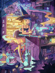 Rule 34 | 1girl, blunt bangs, bored, breasts, camisole, cat, cauldron, cellphone, cleavage, commentary, cross, cross necklace, english commentary, hat, highres, indoors, inverted cross, jewelry, leaning forward, long legs, looking to the side, medium breasts, midriff, multitasking, necklace, original, phone, pleated skirt, poster (object), potion, sandals, short hair with long locks, simz, skirt, smartphone, smoke, solo, vending machine, witch, witch hat