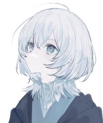 Rule 34 | 083 kura, 1girl, ahoge, black jacket, blue eyes, blue shirt, blue sweater, closed mouth, collared shirt, crossed bangs, dot nose, from side, grey hair, hair between eyes, highres, jacket, looking ahead, medium hair, open clothes, open jacket, original, portrait, shirt, sidelocks, simple background, solo, sweater, v-neck, white background, wolf cut