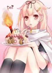 Rule 34 | 10s, 1girl, :&gt;, black ribbon, black shirt, black socks, blonde hair, cake, closed mouth, doughnut, fire, fire, flare, food, fork, fruit, gradient background, hair flaps, hair ornament, hair ribbon, hairclip, highres, hime (himechan), holding, holding fork, kantai collection, kneehighs, looking at viewer, plate, red eyes, ribbon, scarf, shirt, short sleeves, sitting, socks, solid oval eyes, solo, sprinkles, strawberry, the yuudachi-like creature, white scarf, yuudachi (kancolle)