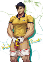 Rule 34 | 1boy, alternate costume, bar censor, bara, baseball cap, baseball uniform, black hair, blind, blonde hair, censored, censored by text, covered erect nipples, cum, ejaculation, facial hair, feet out of frame, flaccid, hat, highres, large pectorals, leg hair, looking at viewer, male focus, male masturbation, masturbation, milestone celebration, multicolored hair, muscular, muscular male, ninja (yzpyn), original, pectorals, penis, scar, scar on face, shirt, short hair, shorts, smile, solo, sportswear, streaked hair, stubble, thick thighs, thighs, unworn shorts, veins, white shorts, yellow shirt, yzpyn