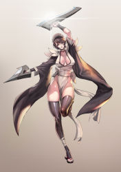 Rule 34 | 1girl, breasts, brown eyes, brown hair, butterfly swords, cleavage, dual wielding, highres, holding, holding sword, holding weapon, iroha (samurai spirits), jeffr, large breasts, looking at viewer, maid, maid headdress, maid leotard, samurai spirits, short hair, simple background, skindentation, smile, snk, solo, sword, thighhighs, thighs, toeless legwear, unconventional maid, weapon
