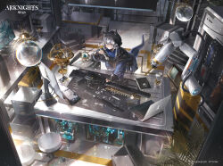 Rule 34 | 1girl, adjustable wrench, arknights, blue eyes, blue hair, blue jacket, box, candy, computer, detached hood, food, food in mouth, from above, glaucus (arknights), grey hair, gun, highres, holding, holding wrench, hood, hood up, indoors, jacket, computer keyboard, laptop, lollipop, monitor, multicolored hair, revision, scenery, science fiction, slug girl, solo, stool, streaked hair, table, weapon, wrench, zeklewa