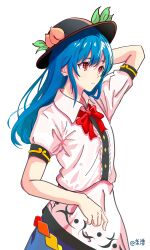 Rule 34 | 1girl, arm behind head, black headwear, blue hair, bow, bowtie, center frills, closed mouth, collared shirt, commentary request, frills, highres, hinanawi tenshi, kagurachiriri, leaf hat ornament, long hair, peach hat ornament, rainbow order, red bow, red bowtie, red eyes, shirt, short sleeves, sidelocks, signature, solo, touhou, variant set, white shirt