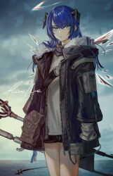 Rule 34 | 1girl, absurdres, arknights, black gloves, black jacket, black shorts, blue eyes, blue hair, commentary request, day, detached wings, fur-trimmed jacket, fur trim, gloves, hair between eyes, halo, highres, horizon, horns, jacket, long hair, looking at viewer, mostima (arknights), ocean, open clothes, open jacket, open mouth, parted lips, rau ma (the rauma001), shirt, short shorts, shorts, signature, solo, water, white shirt, wings