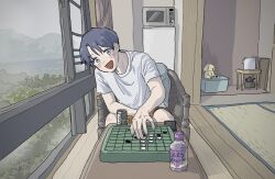Rule 34 | 1boy, blush, board game, bottle, can, chair, day, grey eyes, grey hair, highres, indoors, microwave, n hara, open mouth, orange shorts, original, pov, reversi, shadow, shirt, short hair, short sleeves, shorts, smile, solo, table, white shirt, window
