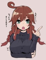 Rule 34 | 10s, 1girl, ahoge, alternate costume, blush, braid, breasts, brown hair, green eyes, hanauna, kantai collection, large breasts, long hair, long sleeves, looking at viewer, noshiro (kancolle), open mouth, ribbed sweater, simple background, solo, sweater, translation request, twin braids, upper body