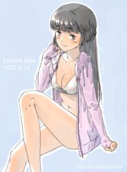 Rule 34 | 1girl, alternate hairstyle, bikini, birthday, black eyes, black hair, blue background, blunt ends, blush, breasts, cleavage, dated, hair down, jacket, kantai collection, long hair, long sleeves, looking at viewer, medium breasts, myoukou (kancolle), open clothes, open jacket, outline, pink jacket, simple background, sitting, sleeves past wrists, solo, suzumaru, swimsuit, thighs, twitter username, white outline
