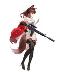 1girl, absurdres, animal ears, arm strap, baitao seven, bangs, bare shoulders, black footwear, blue eyes, boots, breasts, brown hair, character request, cleavage, copyright request, detached collar, dress, fingerless gloves, fox ears, fox tail, full body, gloves, gun, high heel boots, high heels, highres, holding, holding gun, holding weapon, jacket, long hair, medium breasts, microdress, off shoulder, red jacket, rifle, simple background, solo, standing, strapless, strapless dress, tail, thigh boots, thighhighs, thighhighs under boots, thighs, tube dress, weapon, white background, white dress, white gloves