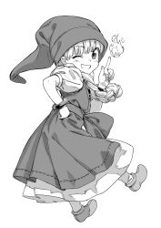 Rule 34 | 1girl, :d, bracelet, braid, dragon quest, dragon quest xi, dress, fire, from behind, full body, greyscale, hand on own hip, hat, highres, index finger raised, jewelry, kawakami rokkaku, long dress, long hair, looking at viewer, looking back, monochrome, one eye closed, open mouth, shoes, simple background, smile, solo, veronica (dq11), white background
