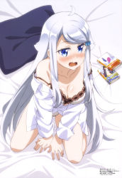 Rule 34 | 10s, 1girl, absurdres, ahoge, aoki shinpei (animator), bed sheet, between legs, blue eyes, blush, bra, closed book, collarbone, copyright name, dress shirt, eyes visible through hair, from above, hair ornament, hand between legs, highres, imouto sae ireba ii, kani nayuta, kneeling, long hair, manga (object), megami magazine, off shoulder, official art, open clothes, open mouth, open shirt, page number, panties, pillow, shiny skin, shirt, silver hair, solo, striped bra, striped clothes, striped panties, underwear, vertical-striped bra, vertical-striped clothes, vertical-striped panties, very long hair, white shirt