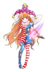 Rule 34 | 1girl, alphes (style), american flag dress, american flag legwear, blonde hair, clownpiece, dairi, dress, fairy wings, full body, hat, highres, jester cap, long hair, looking at viewer, pantyhose, parody, print dress, print pantyhose, red eyes, short dress, short sleeves, simple background, smile, solo, standing, striped clothes, striped dress, style parody, torch, touhou, transparent background, very long hair, white background, wings