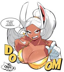 Rule 34 | 1girl, animal ears, artist logo, bikini, boku no hero academia, breasts, cleavage, collarbone, commentary, covered erect nipples, cropped torso, dark-skinned female, dark skin, english commentary, english text, gloves, gold bikini, large breasts, long eyelashes, long hair, looking at viewer, mirko, open mouth, ponytail, rabbit ears, rabbit girl, red eyes, simple background, solo, sonchapo, sparkle, speech bubble, strap pull, swimsuit, teeth, toned female, upper body, very long hair, white background, white gloves, white hair