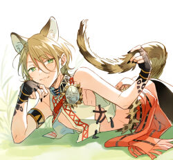 Rule 34 | 1boy, animal ears, bare arms, bare shoulders, beast survival (ensemble stars!), black gloves, black nails, blonde hair, closed mouth, commentary request, cowboy shot, dot nose, earrings, ensemble stars!, fingerless gloves, fingernails, gloves, green eyes, jewelry, long fingernails, looking at viewer, male focus, official alternate costume, partial commentary, seuga, shiratori aira (ensemble stars!), solo, tail