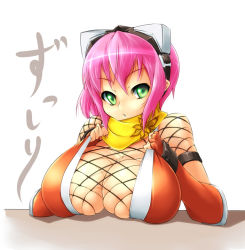 Rule 34 | 1girl, breast rest, breasts, cleavage, fishnet top, fishnets, goggles, gouma reifuden izuna, green eyes, huge breasts, izuna (gouma reifuden izuna), nekomamire, pink hair, scarf, short hair, skindentation, solo