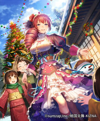 Rule 34 | 1boy, 2girls, :d, ^ ^, blue sky, blurry, boots, breasts, brown eyes, brown hair, child, christmas, christmas ornaments, christmas tree, christmas wreath, closed eyes, company name, copyright name, cross, cross necklace, day, depth of field, dress, drill hair, dutch angle, esukee, flower, folding fan, frilled dress, frills, hair flower, hair ornament, hair ribbon, hand fan, hat, holding hands, japanese clothes, jewelry, juliet sleeves, kimono, knee boots, long hair, long sleeves, looking at viewer, medium breasts, mino boushi, multiple girls, necklace, obi, official art, open mouth, out of frame, outdoors, outstretched hand, parted lips, puff and slash sleeves, puffy sleeves, purple eyes, red flower, red hair, red rose, ribbon, rice hat, rose, sash, scarf, sengoku enbu -kizna-, shouji, sky, sliding doors, smile, snow, snowman, solo focus, standing, tree, underbust, wreath