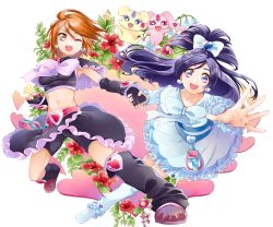 Rule 34 | 2girls, :d, ;d, bike shorts, black capelet, black gloves, black shorts, blue eyes, bow, bowtie, breasts, brown hair, capelet, collarbone, crop top, cure black, cure white, detached sleeves, dress, earrings, fingerless gloves, floating hair, flower, futari wa precure, gloves, hair bow, heart, heart earrings, hibiscus, highres, holding hands, jewelry, leg warmers, long hair, looking at viewer, midriff, multiple girls, navel, one eye closed, open mouth, outstretched arm, parted bangs, pink bow, ponytail, precure, purple hair, red flower, short hair, short shorts, shorts, simple background, small breasts, smile, stomach, very long hair, white background, white bow, white dress, yellow eyes, yuutarou (fukiiincho)
