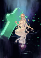 Rule 34 | 1girl, 2girls, arm support, armpits, ass, blonde hair, breasts, chest jewel, cleavage, closed eyes, commentary request, completely nude, dark background, derivative work, dual persona, earrings, glowing, highres, inoue takuya (tactactak), jewelry, large breasts, light particles, long hair, looking at viewer, multiple girls, mythra (xenoblade), navel, nintendo, nipples, nude, pyra (xenoblade), red hair, reflection, reflective water, seiza, short hair, sitting, sitting on water, smile, stomach, swept bangs, very long hair, water, xenoblade chronicles (series), xenoblade chronicles 2