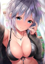 Rule 34 | 1girl, anastasia (idolmaster), bad id, bad twitter id, bare shoulders, black bra, blue eyes, blush, bra, breasts, cardigan, cleavage, closed mouth, collarbone, garana, glint, grey sweater, hair between eyes, hand in own hair, highres, idolmaster, idolmaster cinderella girls, jewelry, large breasts, lens flare, light particles, looking at viewer, necklace, open cardigan, open clothes, ribbed sweater, short hair, silver hair, skindentation, smile, solo, sunlight, sweat, sweater, underwear