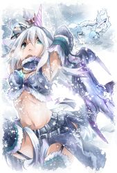 Rule 34 | 1girl, armpits, arms up, bad id, bad pixiv id, bare shoulders, belt, black gloves, blue eyes, capcom, elbow gloves, fur trim, gloves, groin, hairband, highres, holding, holding sword, holding weapon, horns, jewelry, kirin (armor), kirin (monster hunter), long hair, midriff, monster hunter, monster hunter (series), monster hunter 4, navel, necklace, purple thighhighs, single horn, skirt, snow, solo, sword, thighhighs, toutenkou, weapon, white hair