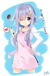 Rule 34 | 1girl, apron, blue eyes, blush, crescent, crescent hair ornament, hair between eyes, hair ornament, hand on own hip, heart, holding, holding ladle, kantai collection, ladle, long sleeves, one eye closed, pink apron, purple hair, shirt, short hair with long locks, signature, simple background, skirt, smile, solo, sou (soutennkouchi), spoken heart, translation request, two-tone background, white shirt, yayoi (kancolle)