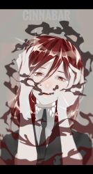 Rule 34 | 1other, androgynous, character name, cinnabar (houseki no kuni), gem uniform (houseki no kuni), hair between eyes, hands on own face, highres, houseki no kuni, letterboxed, long bangs, looking at viewer, necktie, red eyes, red hair, short hair, solo, sparkle, upper body