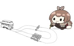 Rule 34 | 1girl, barefoot, belt, bow, brown bow, brown capelet, brown gloves, brown hair, cape, capelet, chibi, commentary, drawing, english commentary, feathers, gloves, green cape, hair ornament, highres, holding, holding pencil, hololive, hololive english, kneeling, lever, long hair, meme, multicolored hair, nanashi mumei, pencil, railroad tracks, red skirt, simple background, skirt, smile, solid circle eyes, solo focus, standing, streaked hair, superappleman, trolley problem (meme), virtual youtuber, white background