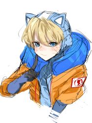 Rule 34 | 1girl, absurdres, animal ears, animification, apex legends, blue gloves, blush, bodysuit, cat ears, gloves, highres, hood, hood down, hood up, hooded bodysuit, hooded jacket, jacket, orange jacket, pointing, pointing at self, simple background, sketch, smile, solo, tomitacchi, upper body, v-shaped eyebrows, wattson (apex legends), white background, white bodysuit