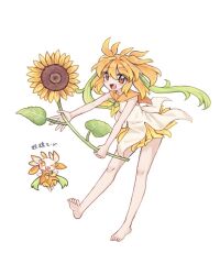 Rule 34 | 1girl, :d, apuferu, barefoot, blonde hair, blush, commentary, dress, fang, flower, hair between eyes, holding, holding flower, looking at viewer, open mouth, orange eyes, original, simple background, sleeveless, sleeveless dress, smile, solo, sunflower, symbol-only commentary, thick eyebrows, translation request, white background, white dress, yellow flower